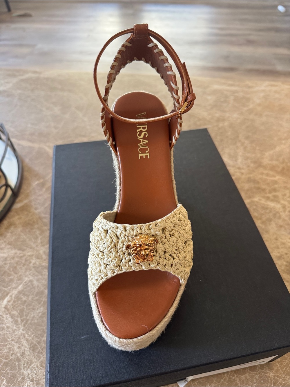 Versace rafia Tan Leather Espadrille Wedge Sandals with Gold Medusa